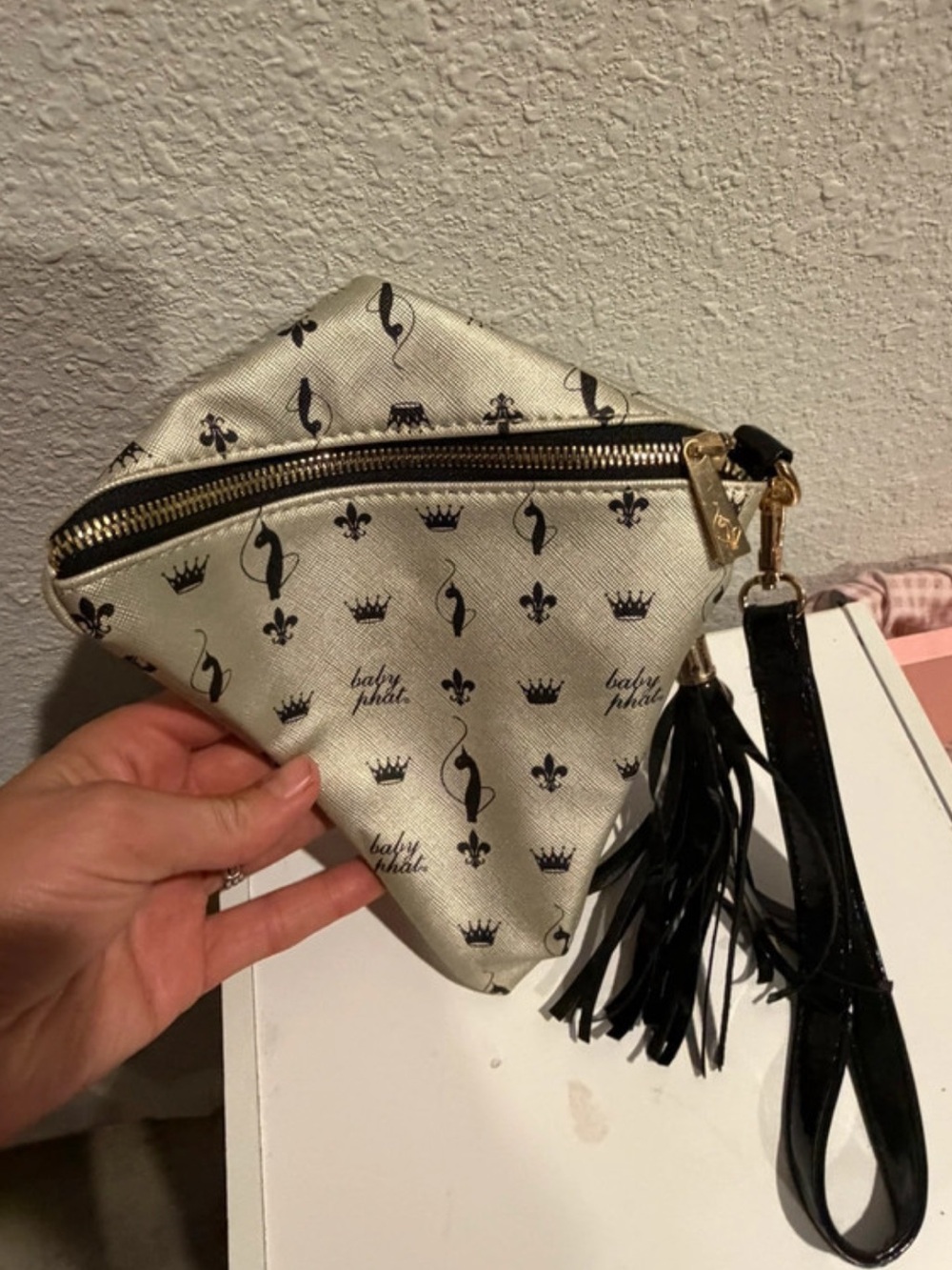 Y2K Baby Phat Metallic Silver Wristlet Clutch with Black Tassel